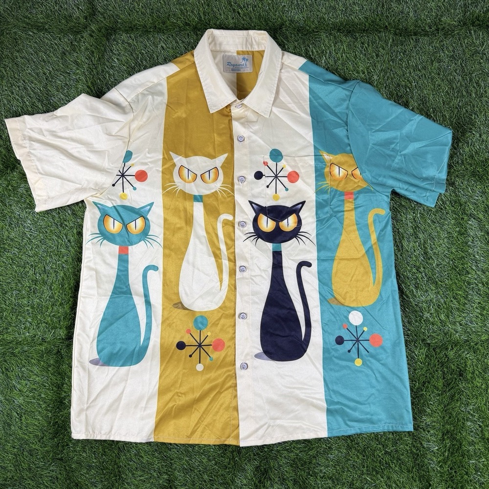 Royaura Hawaiian Shirt Retro Cat Shirt Short Sleeve Button Up Mens Size Large